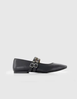Babies noires cuir double bride œillets Femme