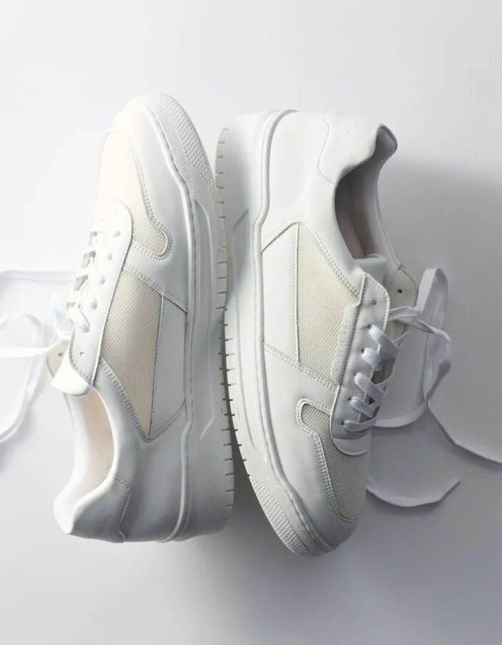 Baskets blanches bi-matières Homme