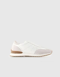 Baskets blanches et taupe cuir Homme