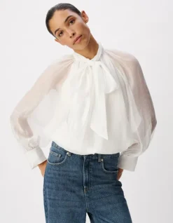 Blouse blanche col lavallière manches ballon Femme