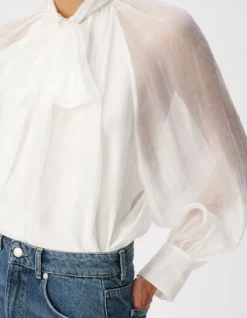 Blouse blanche col lavallière manches ballon Femme