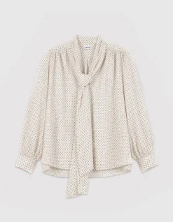Blouse écrue satinée motif pois col lavallière Femme