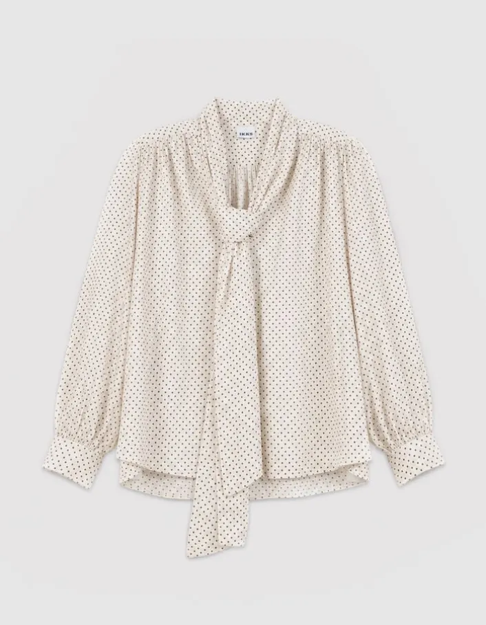 Blouse écrue satinée motif pois col lavallière Femme