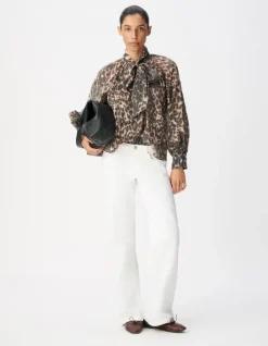 Blouse marron col lavallière motif léopard Femme