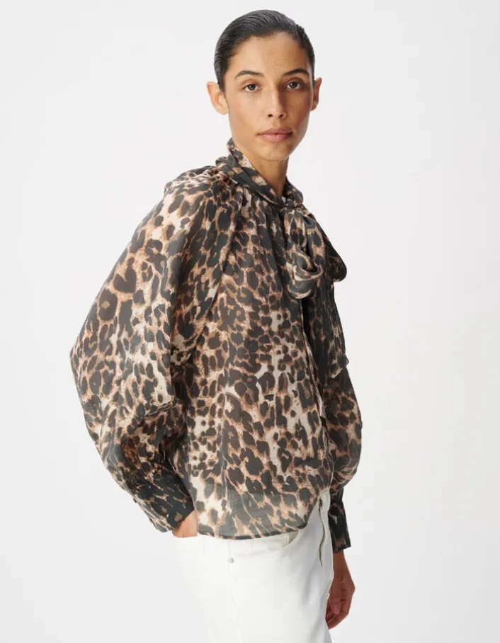 Blouse marron col lavallière motif léopard Femme