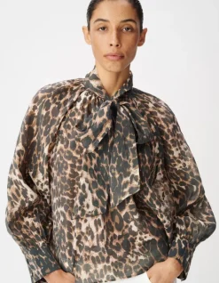 Blouse marron col lavallière motif léopard Femme