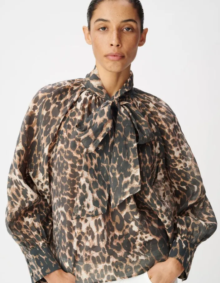 Blouse marron col lavallière motif léopard Femme