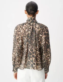 Blouse marron col lavallière motif léopard Femme
