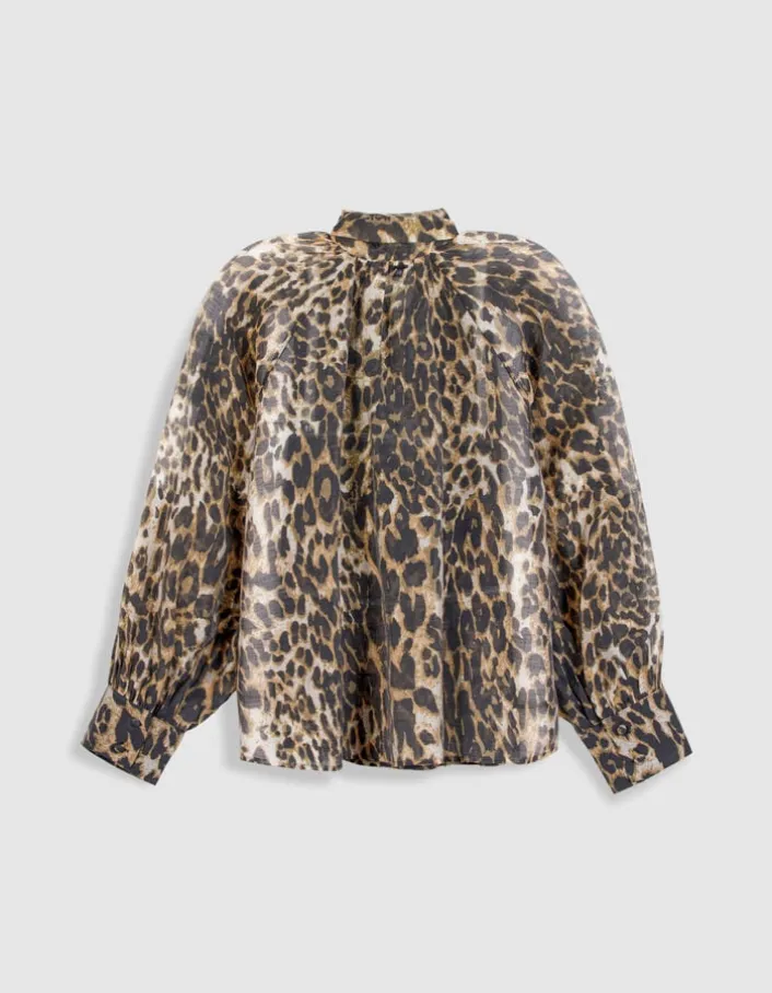 Blouse marron col lavallière motif léopard Femme