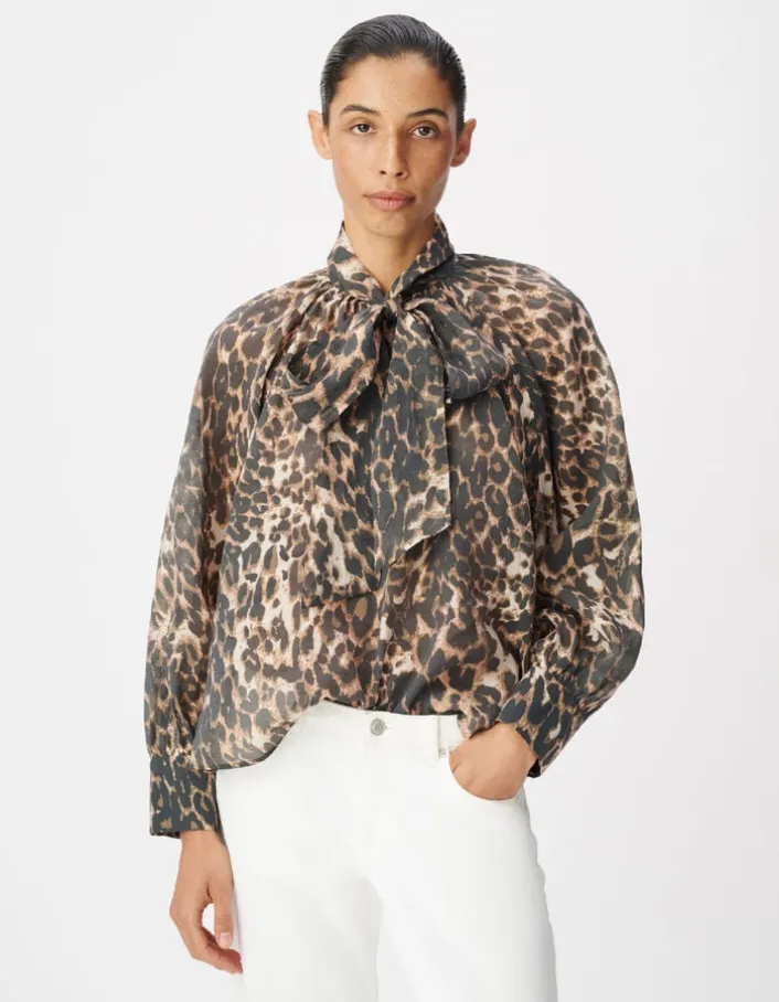 Blouse marron col lavallière motif léopard Femme