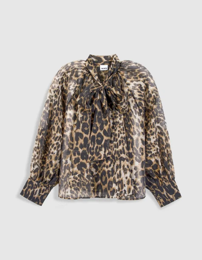 Blouse marron col lavallière motif léopard Femme