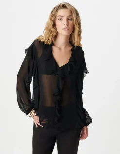 Blouse noire fluide à jabot et volants Femme