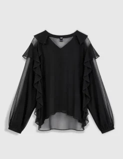 Blouse noire fluide à jabot et volants Femme