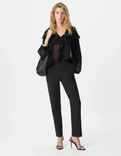 Blouse noire fluide à jabot et volants Femme