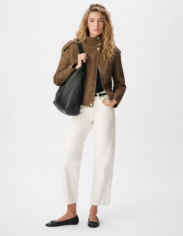 Blouson cuir velours beige à ceinturer Femme