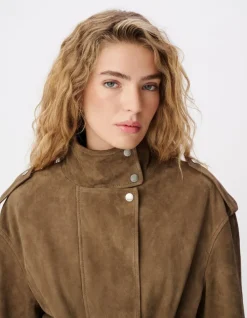 Blouson cuir velours beige à ceinturer Femme