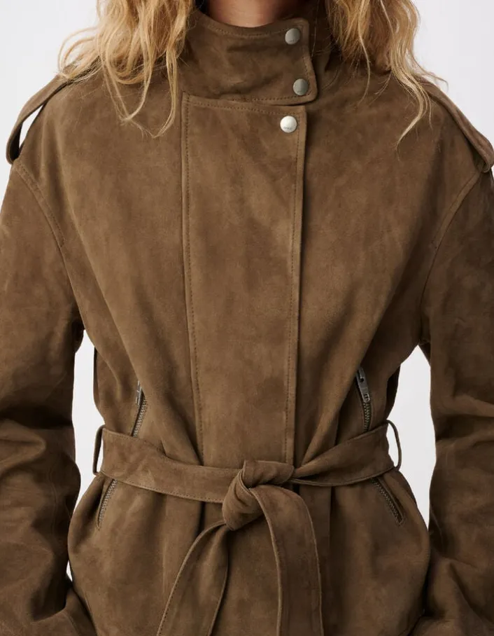 Blouson cuir velours beige à ceinturer Femme