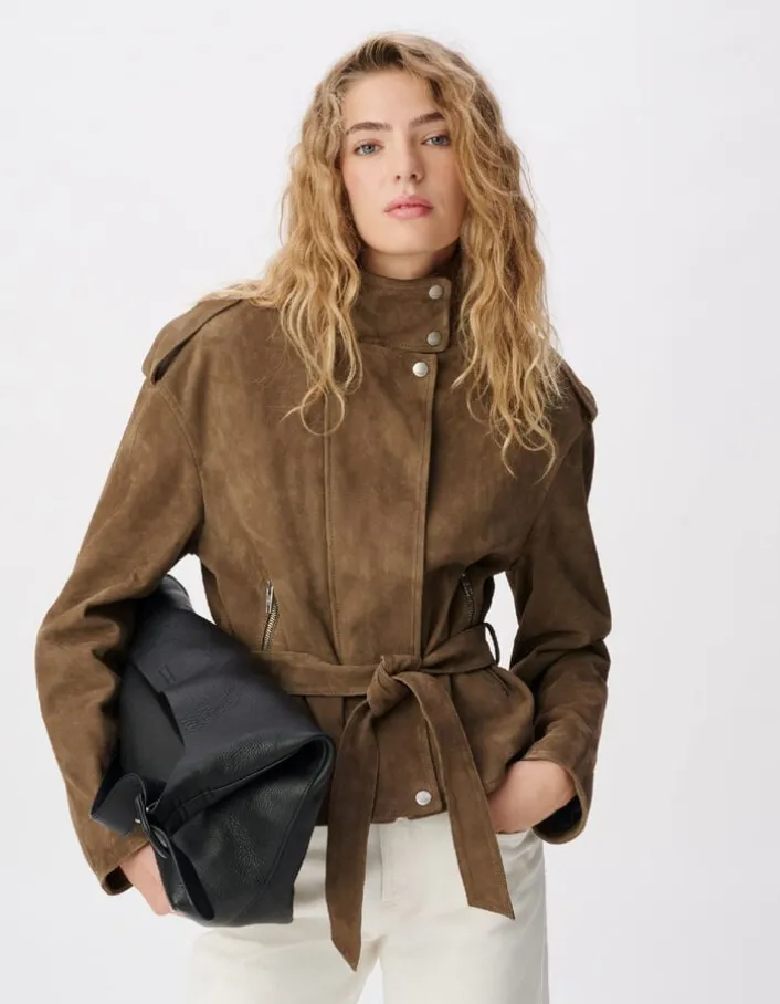 Blouson cuir velours beige à ceinturer Femme