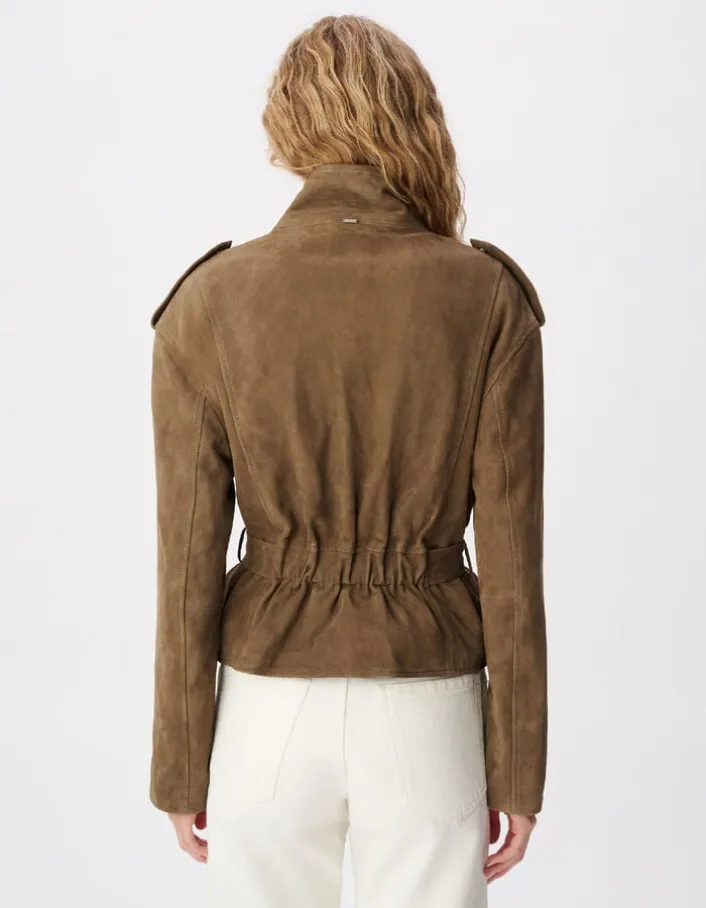 Blouson cuir velours beige à ceinturer Femme