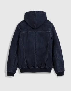 Blouson marine cuir velours capuche amovible Homme