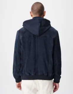 Blouson marine cuir velours capuche amovible Homme