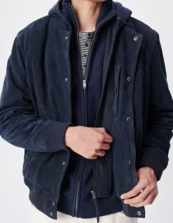 Blouson marine cuir velours capuche amovible Homme