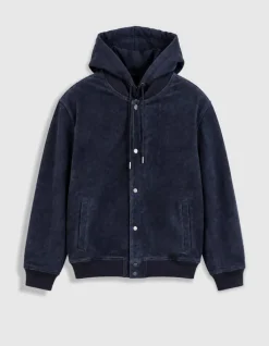Blouson marine cuir velours capuche amovible Homme