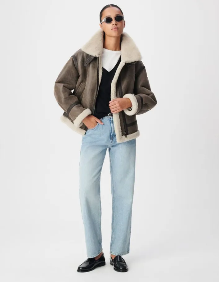 Blouson marron en cuir retourné Femme