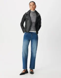 Blouson noir cuir esprit motard capuche amovible Femme