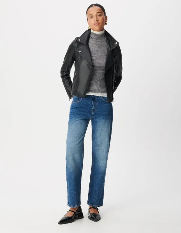 Blouson noir cuir esprit motard capuche amovible Femme