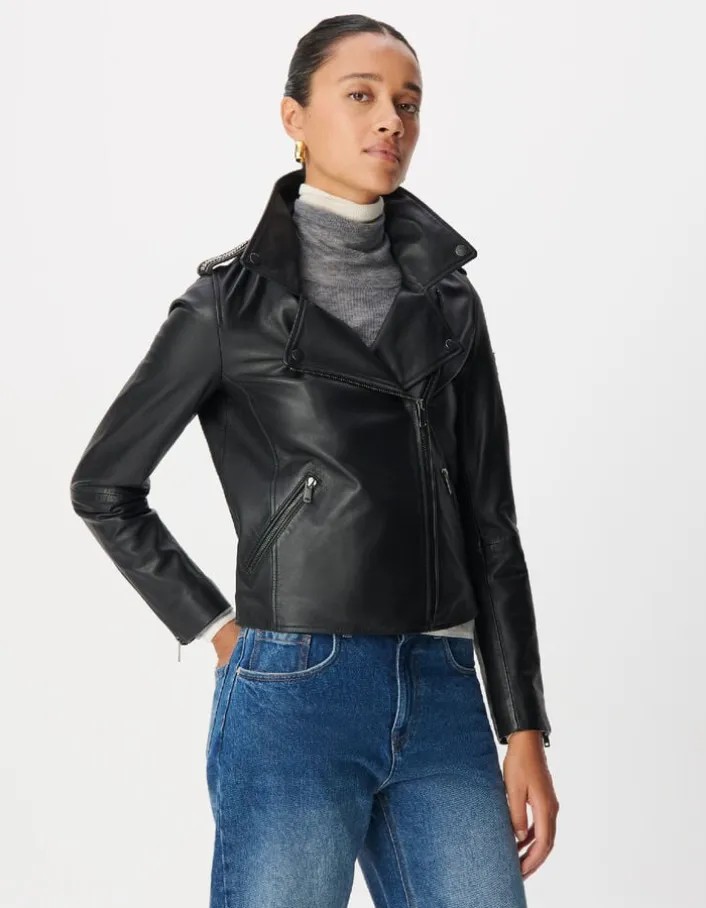Blouson noir cuir esprit motard capuche amovible Femme