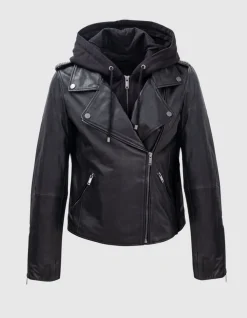 Blouson noir cuir esprit motard capuche amovible Femme