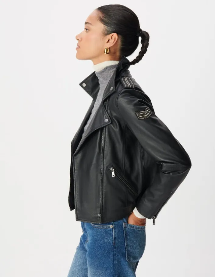 Blouson noir cuir esprit motard capuche amovible Femme