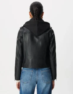 Blouson noir cuir esprit motard capuche amovible Femme