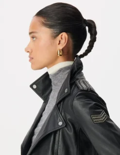 Blouson noir cuir esprit motard capuche amovible Femme
