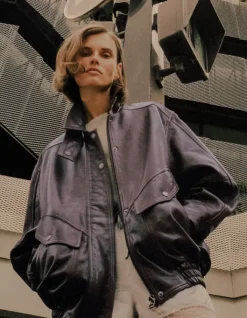 Bomber cuir bordeaux oversize Femme