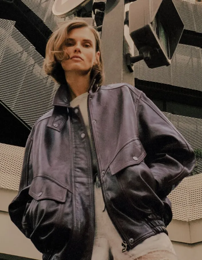 Bomber cuir bordeaux oversize Femme
