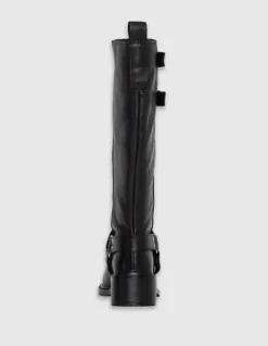 Bottes noires cuir esprit motard double boucle Femme