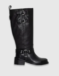 Bottes noires cuir esprit motard double boucle Femme