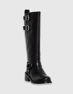 Bottes noires cuir esprit motard double boucle Femme