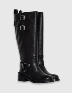 Bottes noires cuir esprit motard double boucle Femme
