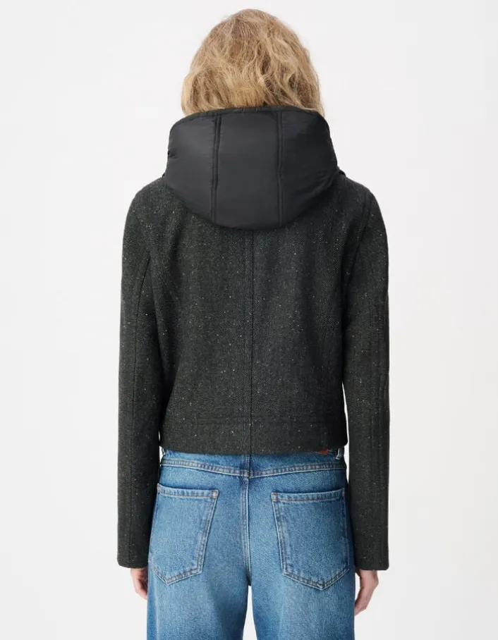 Caban court gris chiné lainage capuche amovible Femme