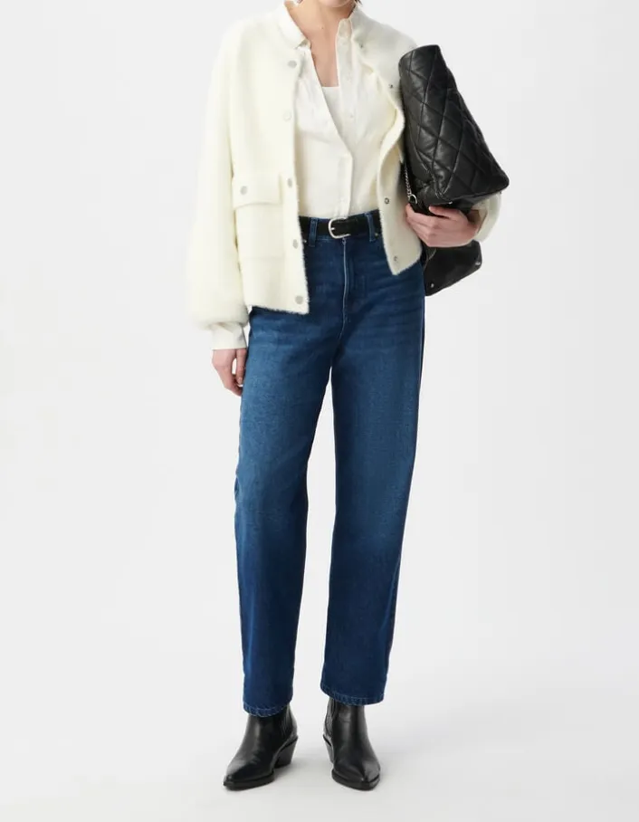 Cardigan blanc tricot duveteux poches à rabat pressionné Femme