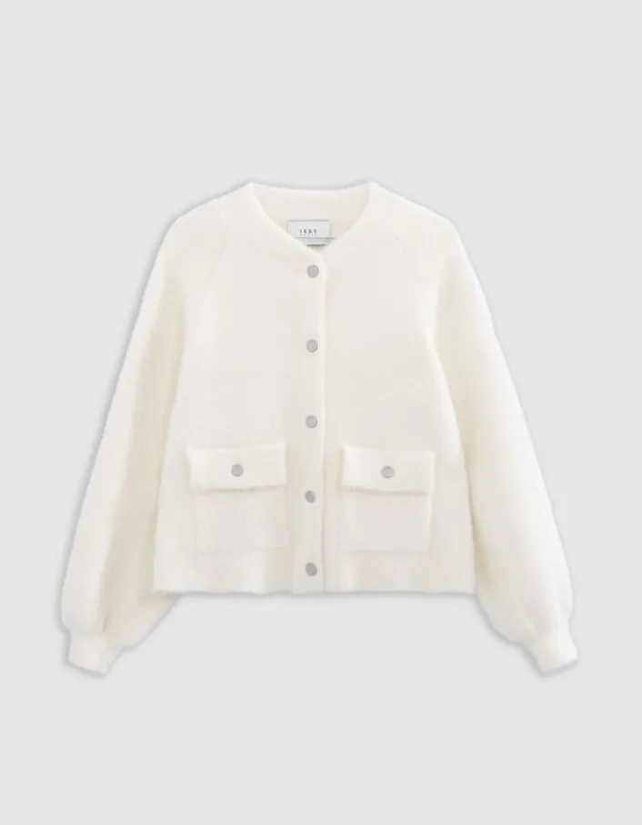 Cardigan blanc tricot duveteux poches à rabat pressionné Femme