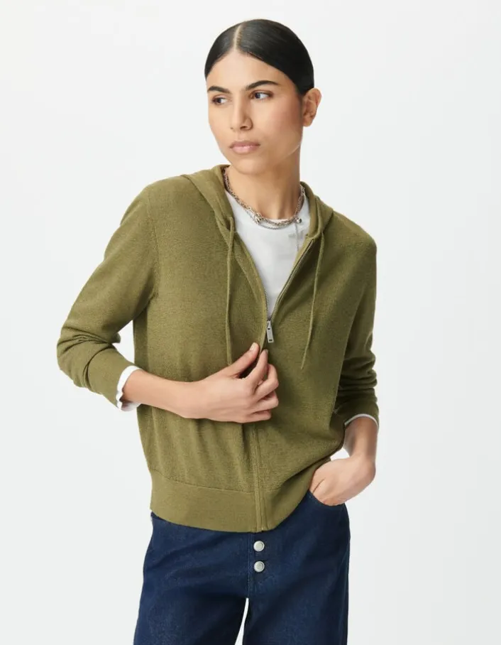 Cardigan à capuche kaki tricot lurex chevron dos Femme