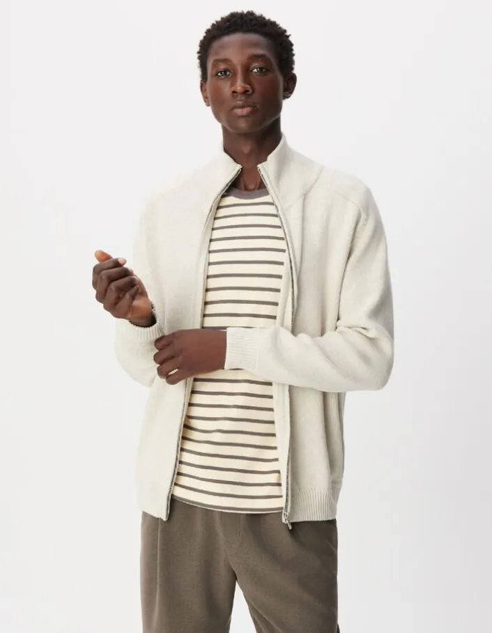 Cardigan col camionneur blanc tricot zippé Homme