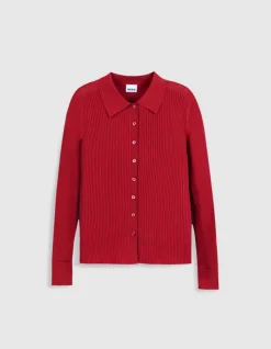 Cardigan col polo rouge tricot côtelé boutonné Femme