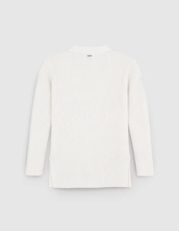 Cardigan col V blanc cassé tricot côtelé boutonné Femme