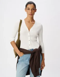 Cardigan col V blanc cassé tricot côtelé boutonné Femme