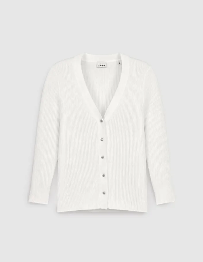 Cardigan col V blanc cassé tricot côtelé boutonné Femme